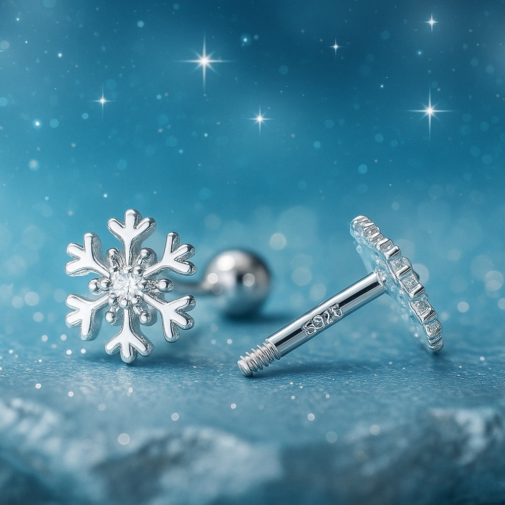 Silver Snowflake Studs Earrings- screw back earrings winter Christmas- ESB031